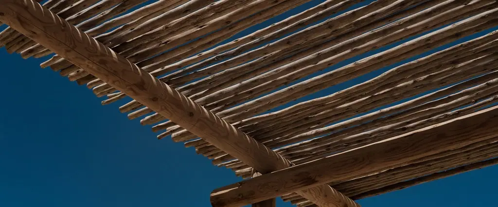 Pergola nad tarasem, w słoneczny dzień, ujęcie poglądowe